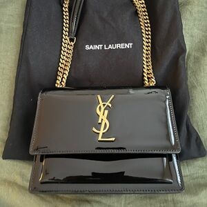 Saint Laurent Sunset Small Black Patent Shoulder Bag with Gold Accents